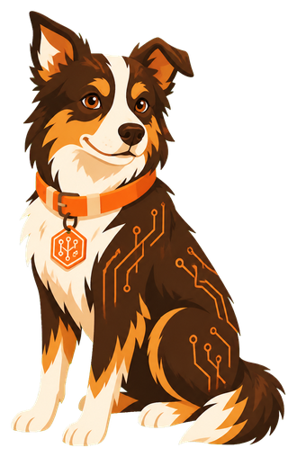 A friendly digital dog wearing an orange collar and circuit-patterned tag