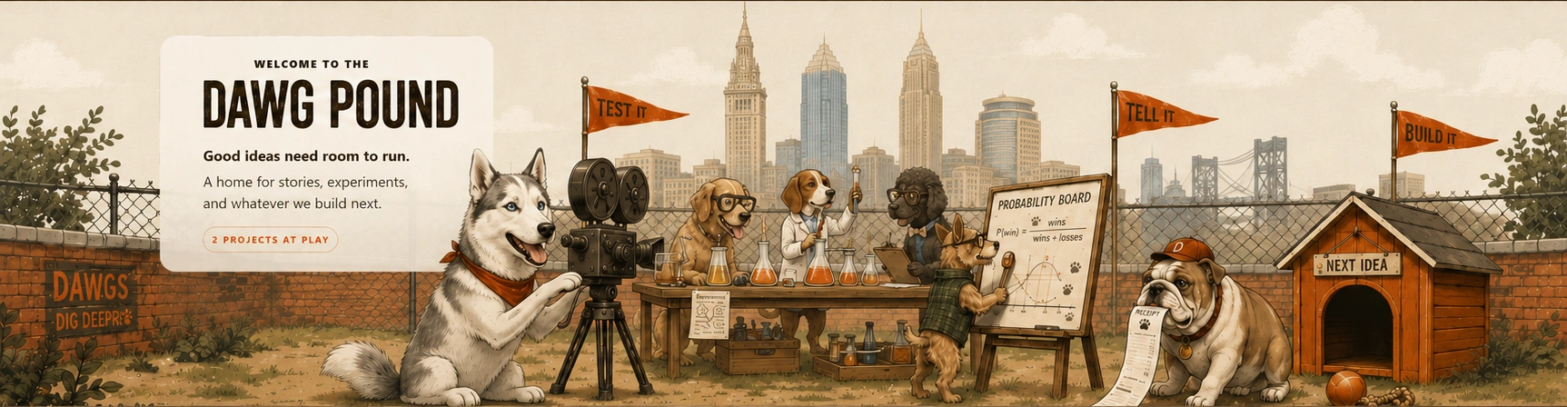 Illustrated Dawg Pound yard where Rollo operates a vintage movie camera, several dogs run an active laboratory beneath the Cleveland skyline, a smaller dog works at a probability board, and a bulldog carries a receipt beside an orange doghouse