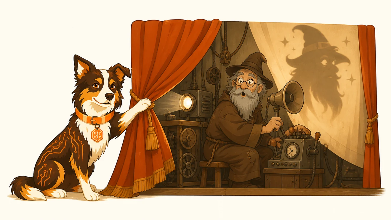A digital dog pulls back an orange theater curtain, revealing an elderly wizard operating a projector and levers.